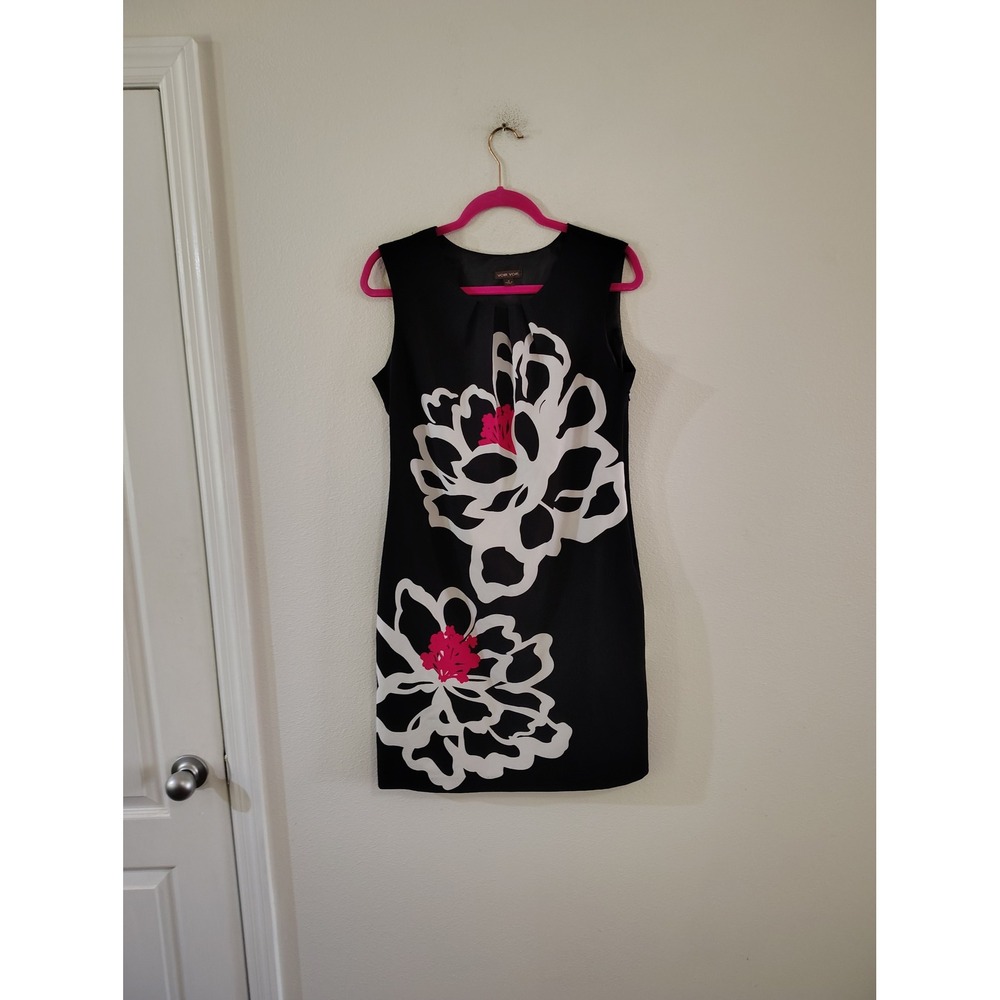 Voir Voir Black Floral Sleeveless Sheath Dress Pleated Neckline Size 8
